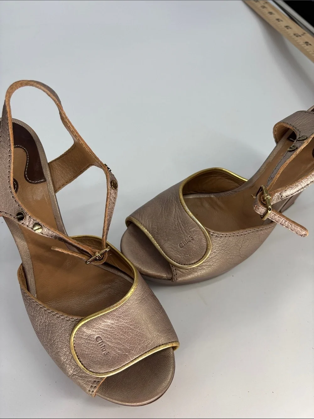 Chloe leather Metallic Peep Toe Ankle Strap Wooden Wedge rare sandal shoes 36